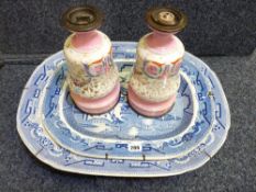 TWO EXCELLENT BLUE AND WHITE DRESSER MEAT PLATTERS and a pair of porcelain and metal lamp bases