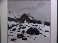 SIR KYFFIN WILLIAMS RA coloured print - 'Farmer and Two Dogs' by his holding on a snow coloured