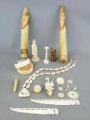 A COLLECTION OF LATE 19TH/EARLY 20TH CENTURY IVORY AND BONE COLLECTABLES including a pair of hippo