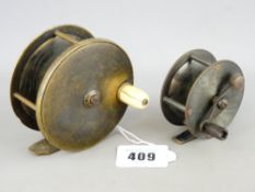TWO VINTAGE FISHING REELS, one inscribed 'G Farlow and Co Limited, London', all brass with ivory