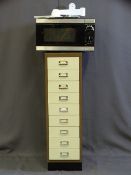A MODERN SLIM MULTI DRAWER METAL TWO TONE FILING DRAWERS and a black finished microwave ETC, E/T