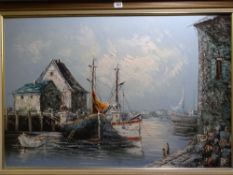 Y HOWARD oil on board - fishing boats at harbourside, 59 x 89cms