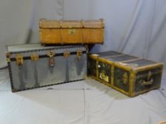 A PARCEL OF THREE VINTAGE BANDED TRAVEL TRUNKS