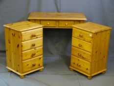 A PAIR OF PINE FOUR DRAWER BEDSIDE CHESTS, a similar pine dressing table with two drawers and triple