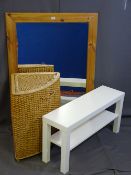 A LARGE PINE FRAMED MIRROR, corner woven storage basket and white Ikea two tier occasional table