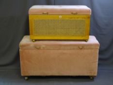 AN UPHOLSTERED FINISHED BLANKET BOX and one other with cane weave front