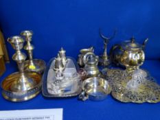 A PAIR OF SILVER CANDLESTICKS - Birmingham 1972, an EPNS sandwich stand and other items of plated