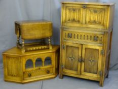 A MEDIUM OAK PRIOR STYLE LINEN FOLD COCKTAIL CABINET - similar entertainment unit and a small twin