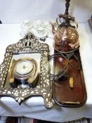 A MOTHER OF PEARL DECORATED VINTAGE GLASS WALL MIRROR, a two handled shell inlay tray, six Royal