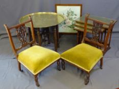 A LEATHER TOOL TOP NEST OF THREE TABLES a brass Benares topped folding table and two light