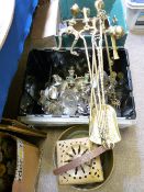 A TUB OF ASSORTED METAL AND BRASSWARE, a box of assorted brassware including a gong, a white metal