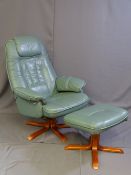 A STRESSLESS TYPE GREEN RECLINING CHAIR AND FOOT STOOL