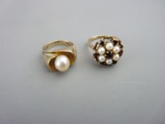 A 9CT GOLD PEARL & GARNET CLUSTER RING, 5gms, size P and a 9ct gold pearl dress ring having a single