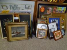 A QUANTITY OF FRAMED PICTURES AND PRINTS, collectable mirrors, sporting memorabilia ETC
