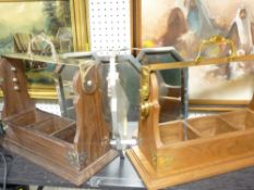 TWO MODERN THREE BOTTLE TANTALUS (no bottles) and a folding chrome Art Deco sandwich tray