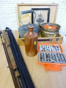 MISCELLANEOUS PARCEL comprising fishing rods, reel and flies, vintage engraving, cufflinks, kettle