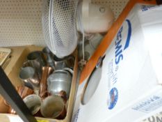 A SELECTION OF COPPER plate and pewter tankards, an 'Arts and Crafts' style biscuit barrel, a boxed,