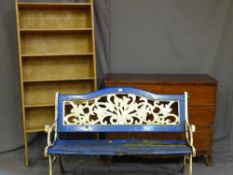 A SLATTED GARDEN BENCH WITH CAST ENDS, 126cms long, vintage open pine bookcase - 77cms width x