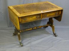 A SOFA TABLE, attractive reproduction mixed wood, two drawers with reeded end supports and brass