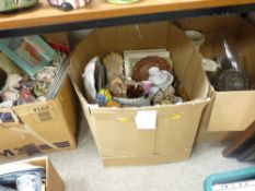 A LARGE BOX OF ORNAMENTAL WARE and crockery with a box of vintage and other glassware