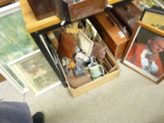 A MIXED GROUP OF COLLECTABLES including two vintage travel cases, a quantity of framed pictures