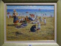 UNSIGNED oil on board - Edwardian beach scene, 30 x 40cms