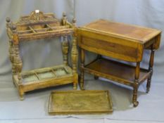 AN OAK CARVED SIX SECTION HALL STAND WITH DRIP TRAY along with a single wooden tray and drop flap