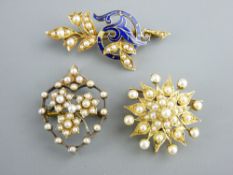 THREE UNMARKED AND UNTESTED YELLOW METAL SEED PEARL BROOCHES, one having enamel decoration (slight