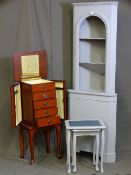 A PAINTED CORNER STANDING CUPBOARD with dentil cornice, a similar painted nest of tables and a