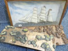 AN ANTIQUE DIORAMA, a vintage cased ship diorama depicting a three masted clipper in full sail, size