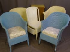 FOUR LLOYD LOOM LUSTY BEDROOM ARM CHAIRS (two blue, two cream), a lusty bedside cabinet and an odd