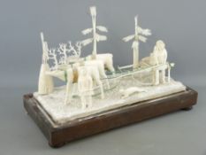 A LATE 19TH CENTURY INUIT CARVED BONE ESKIMO SCENE on a wooden stand depicting a family group with