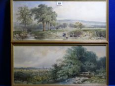 INDISTINCTLY SIGNED watercolours, a pair - figures and castle on farmland, 25 x 57cms