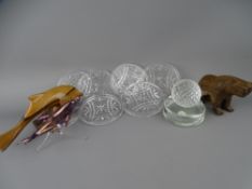 A BOXED SET OF SIX ROYAL DOULTON CRYSTAL GLASS COASTERS, a glass golf ball paperweight, two wooden