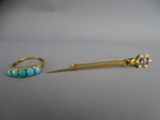 A LADY'S 18CT GOLD FIVE STONE TURQUOISE DRESS RING, 4.7grms gross and a 15ct gold pin decorated seed