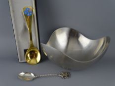 GEORG JENSEN DENMARK METALWARE to include a Sterling 925 stamped year spoon for 1983, gilded with