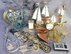 A MIXED SELECTION OF METALWARE & FOUR MANTEL CLOCKS including an interesting, possibly cobbler's