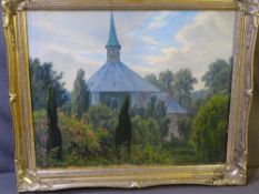 A WERNER PARSBERG oil on canvas - spire topped building in a garden landscape, signed and dated