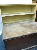 A PINE CARPENTER'S CHEST, no interior box and a three shelf painted open bookcase