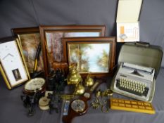 A MIXED GROUP OF ORNAMENTAL AND HOUSEHOLD COLLECTABLES, three modern framed oil paintings and a