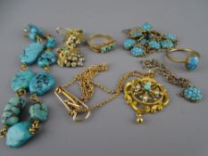 A GOOD COLLECTION OF 9CT GOLD AND OTHER METAL TURQUOISE SET JEWELLERY, some with seed pearls