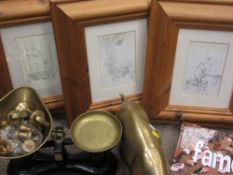A A MILNE'S WINNIE THE POOH - three framed prints, an ornamental brass pig, 35cms length and a set