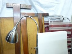 A WHITE METAL SWAN NECK STANDARD LAMP, two garden chairs and a Draughtman's board with set squares