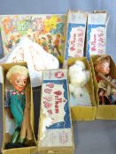 THREE VINTAGE PELHAM PUPPETS, nursery rhyme book and a vintage style glass ceiling light shade