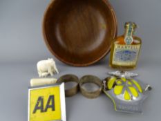 A CIRCULAR WOODEN BOWL OF COLLECTABLE CONTENTS to include a vintage unopened bottle of Martell