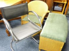 LLOYD LOOM OBLONG OTTOMAN AND BEDROOM CHAIR in gold and a chrome based black vinyl and chrome chair