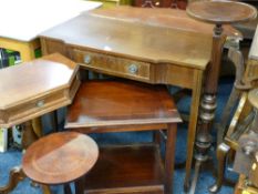 A POLISHED SIDE TABLE with break front drawer, a half moon hall table, two corner tables, a two tier