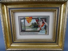 A GILT FRAMED WELSH POSTCARD depicting Conwy Castle Coat of Arms and a young Welsh lady, glazed at