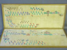 A PAIR OF 19TH CENTURY CHINESE PAINTED FABRIC PANELS depicting Moguls in procession, 24.5 x 58cms