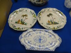A PAIR OF CONTINENTAL TIN-GLAZE PLATES and a pair of blue and white Staffordshire sandwich plates